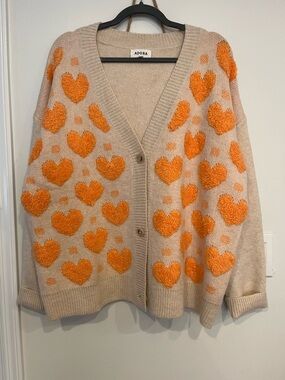 ADORA Beige Cardigan with Orange Heart Appliqués